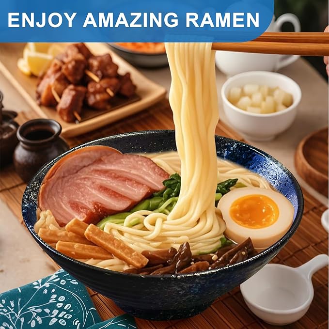 9.4Inch Ceramic Ramen Bowl Set of 2 (9 Piece) - Porcelain Japanese Salad Noodles Cereal Fruit Pasta Soup Large Bowls with Recipes Chopsticks Forks Spoons for Men Women Gift Microwave Dishwasher Safe
