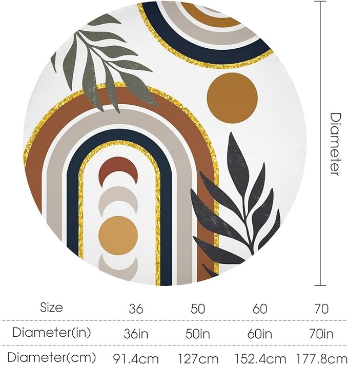 Mid Century Boho Round Tablecloth, Modern Abstract Sun Moon Bohemian Leaves Tablecloth for Home Party Dining Room Kitchen Decor 60Inch(152cm)