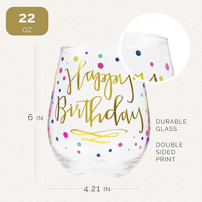 Your Dream Party Shop Happy Birthday Wine Glass, 22oz Stemless with Gold Print - Gift for Adults and Women, Happy Birthday Cups For Women