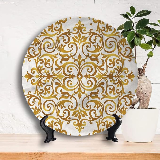 Ceramic Display Plate, Victorian Ceramic Hanging Decorative Plate, Victorian Lace Floral, 8 Inch, Living Room Kitchen Decoration Household, Golden