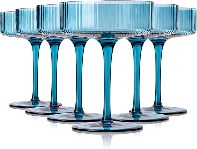 Blue 9 oz Vintage Art Deco Coupe Glasses Set of 6 Ribbed martini Glasses |Vintage Cocktail Glasses Set,Unique Colored Coupe Glass, Classic Cocktail Glassware
