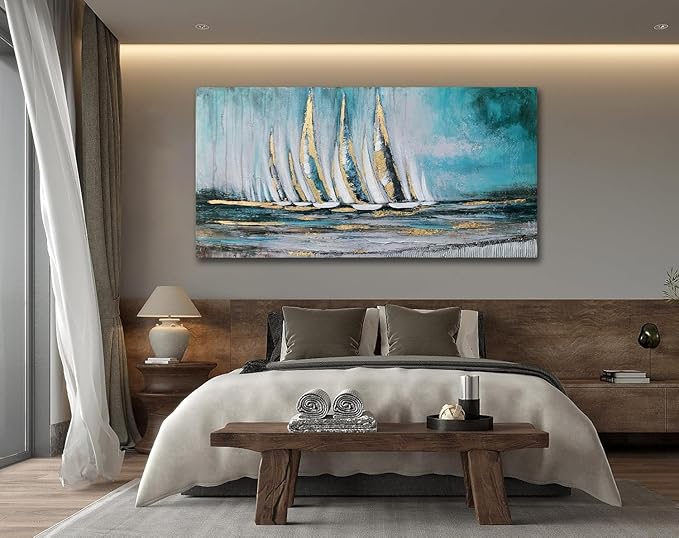 Anolyfi Blue Abstract Canvas Wall Art Teal Ocean Sailboat Picture Modern Coastal Nautical Painting, Textured Artwork Large Framed for Living Room Bedroom Bathroom Kitchen Office Home Decor 40"x20"