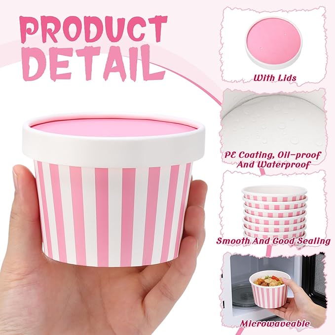 Fulmoon 100 Pack Paper Soup Containers with Lids Disposable Paper Food Containers with Vented Lid Kraft Ice Cream Cake Dessert Cups Soup Bowl for Party Hot Food Fruit Microwave(8 oz,Pink)
