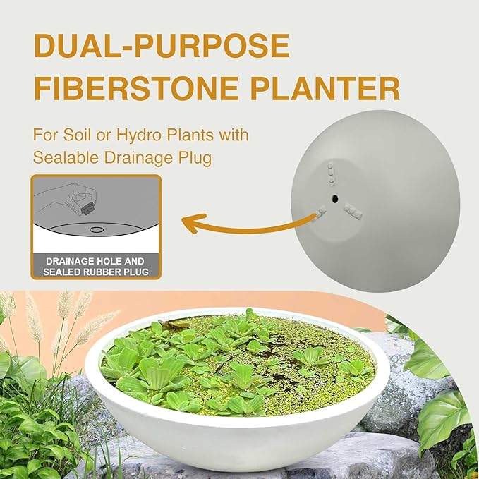 6.9" H x 19.7" D Round Bowl Fiberstone Planter for Succulent and Lotus with Drainage Hole, Smooth Finishes, Weather Resistant, Included 2 Extra Coco Mats (White, 17.9" Pot Opening)
