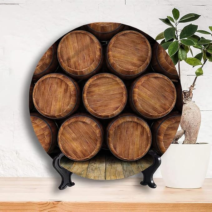 Ceramic Display Plate, Wine Ceramic Hanging Decorative Plate, Wall of Wooden Barrels, 7 Inch, Household Custom Ceramic Plate, Multicolor