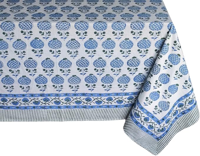 ATOSII Roma Blue 100% Cotton Boho Rectangle Fall Tablecloth, Handblock Floral Print Table Cloth Linen for Kitchen Dining I Parties, Outdoors, Weddings, Christmas, Thanksgiving Decor 60 X 90 Inches