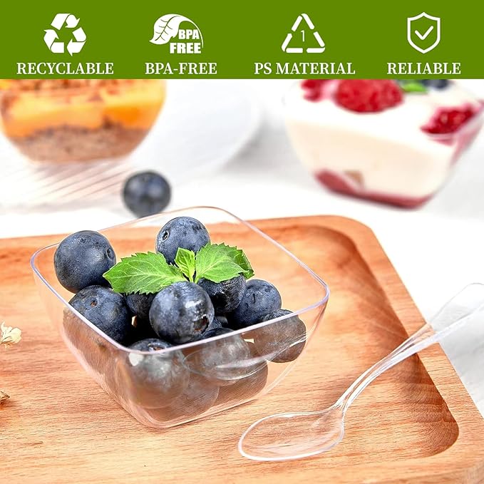 TOFLEN 100ct 2 oz Mini Dessert Cups with Spoons, Clear Plastic Reusable Small Party Serving Cups for Appetizers, Hors D'oeuvres Plates