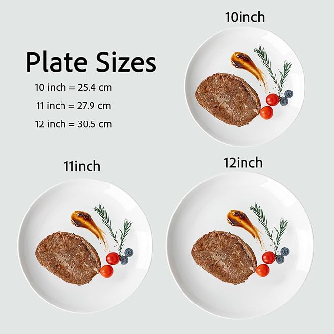 White Dinner Plates Set of 4, Extra Large 12 Inch Dinner Plates, Oversized Ceramic Plates for Main Dishes, Microwave and Dishwasher Safe, 30.7Cm
