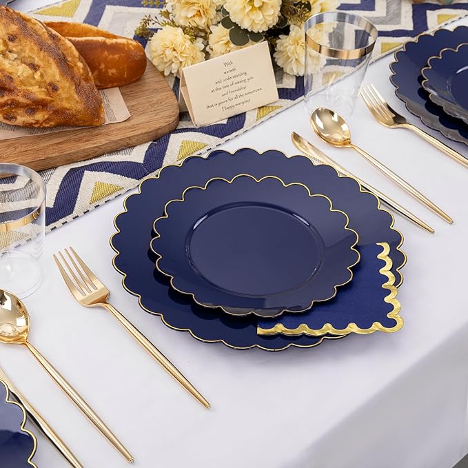 LIYH 210 Pcs Navy Blue Plates - Blue and Gold Plastic Scalloped Heavyduty Plates Disposable Dinnerware set, Gold Plastic Silverware for Wedding & Party 30 Guests
