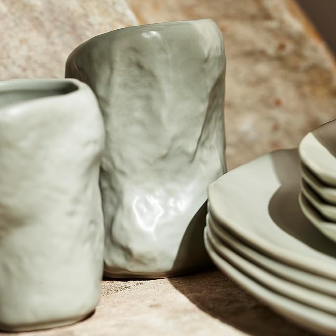 Stone by Mercer Project Atik Modern Stoneware 16-Piece Dinnerware Set, Plate and Bowl Set, Dish set for 4, Sage-Grey