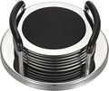 JUXYES Set of 6 Stainless Steel Round Coasters with Holder & Sponge Bottom, Silver Black Metal Cup Coasters Set Stunning Cool Coaster Cups Mats Decor for Restaurant Kitchen bar Dining Table