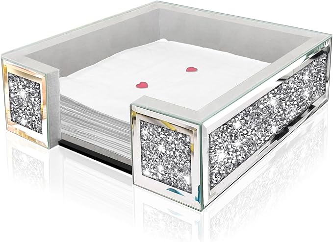 Wocred Flat Mirror Napkin Holder for Bathroom Vanity,Crystal Crushed Diamond Guest Towel Holder,Cute Napkin Tray for Kitchen,Dining table,Guest Bathroom.(8.1”X8.1”X2.6”)