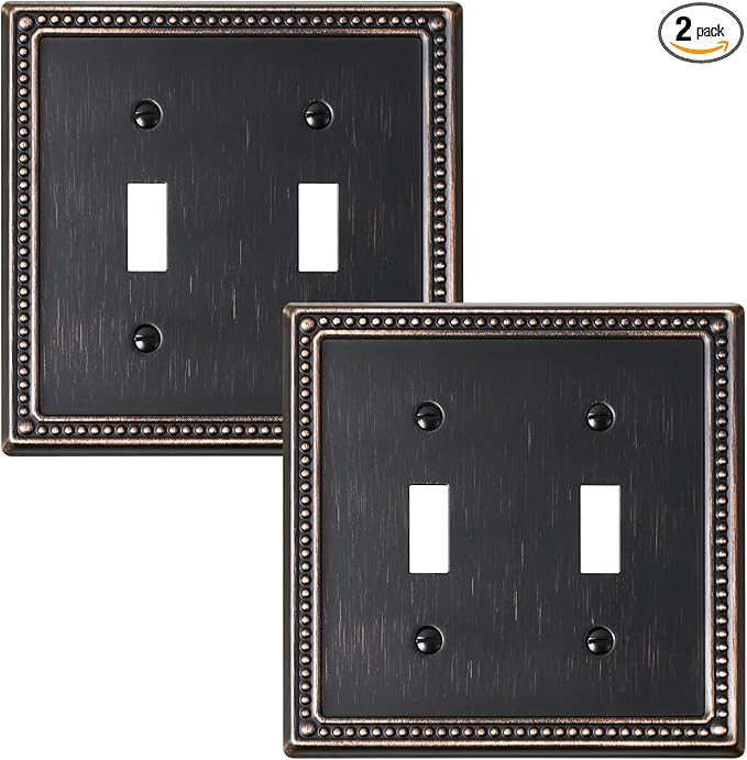 2-Pack Double Toggle Light Switch Cover Plate, Pearls Decorative Dual Switch Plate Covers, Aged Bronze 2 Gang Metal Wall Plate, Corrosion Resistant
