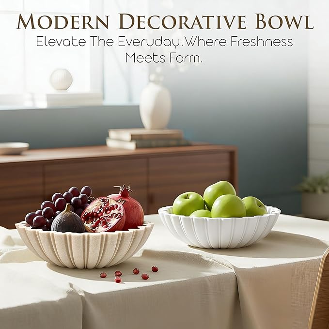 White Decorative Bowl Modern Home Decor - 10.6" Large Resin & Sandstone Centerpiece Bowl for Entryway Table, Coffee Table, Kitchen Counter or Serving Fruit, Keys, Candy