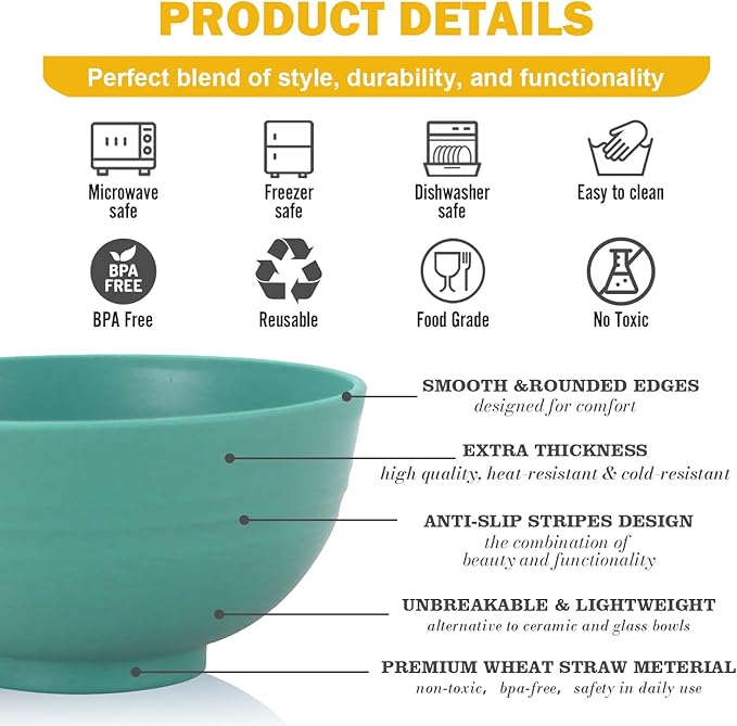 Wheat Straw Bowls 10 OZ, Unbreakable Ice Cream Bowls Set of 6, Reusable Mini Bowls for Salad, Cereal, Soup, Microwave & Dishwasher Safe Fruit Bowl for Indoor & Outdoor, Green
