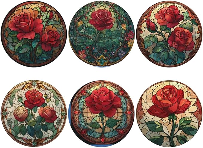 Rose Coasters for Drinks with Holder Round Leather Coasters Set of 6 Cups Mugs Mat Pad for Home Kitchen Bar