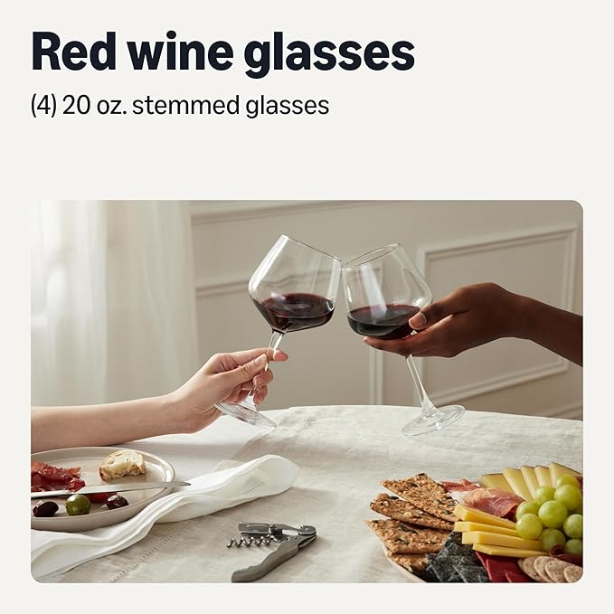 Amazon Basics Stemmed Red Wine Glasses, 4-Piece Set, 20 oz., Dishwasher-Safe