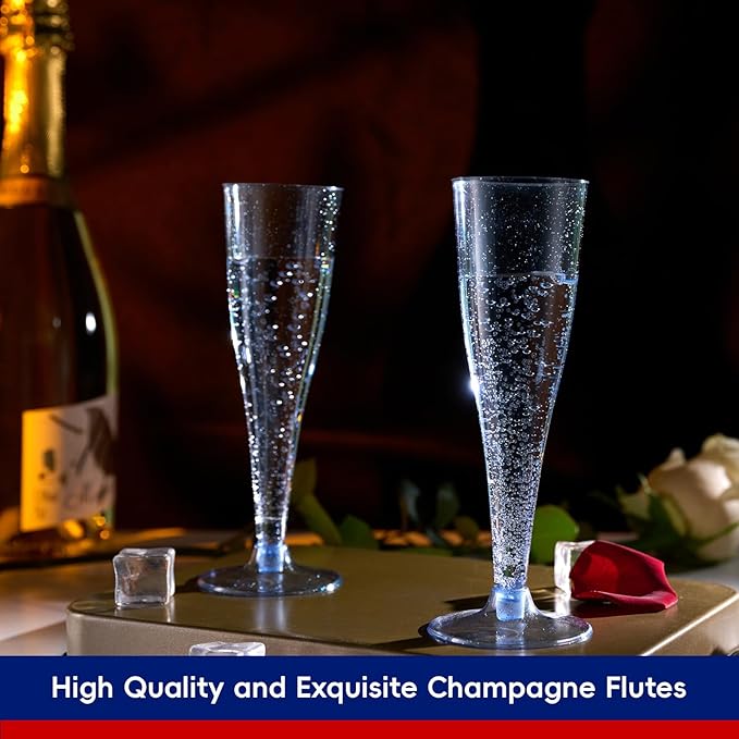 JOLLY CHEF 100 Pack Plastic Champagne Flutes Disposable 4.5 oz Blue Glitter Plastic Champagne Glasses Suitable for Wedding, Thanksgiving Day, Christmas