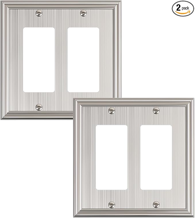 2-Pack Decorative Double Decorator Outlet Cover Plate, Durable Zinc Alloy Brushed Nickel Wall Plates for Electrical Outlets, Receptacle, GFCI Outlet, Dimmer Switch, 2-Gang