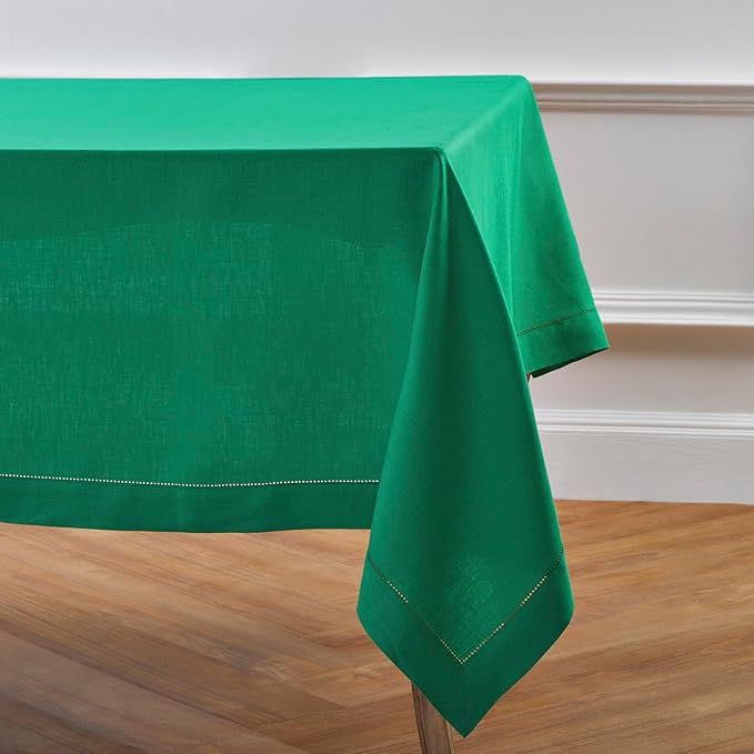 Solino Home Linen Tablecloth 60 x 120 Inch - Classic Hemstitch 100% Pure Linen Emerald Green Table Cloth for Rectangle Tables - Machine Washable Tablecloth for St Patricks Day