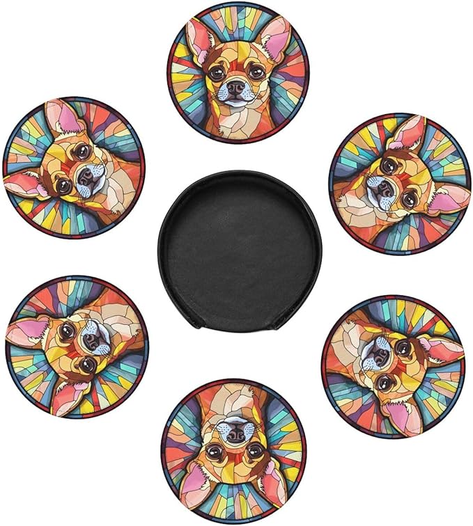 Drink Coaster Set of 6, Chihuahua Dog Mom Lover Gift,Leather Drink Coasters with Holder,6 Pack Cup/Bar/Drink Coasters for Table/Drinks/Coffee Protection Housewarming Gift