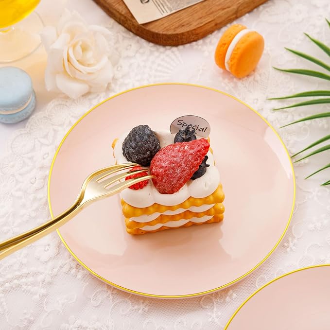 Festiva 400Pcs Pink Gold Dessert Plates 6.3" with Forks 5"- 200PCS Small Disposable Dessert/Cake/Appetizer Plates and 200PCS Forks - Serve 200 Guests for Birthday Party& Wedding &Valentine's Day