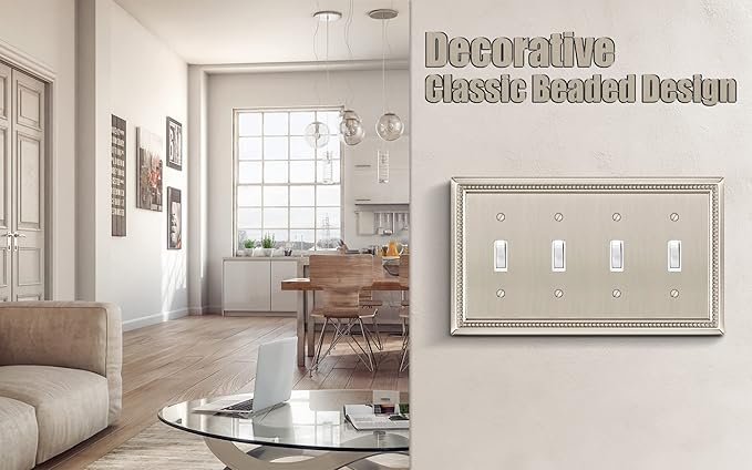 Henne Bery Sunken Pearls Heavy Duty Decorative Wall Plate Switch Plate Outlet Cover (Quad Toggle, Satin Nickel)