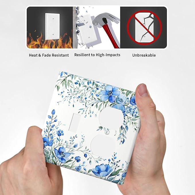 Light Switch Cover Plate Blue Watercolor Flowers Retro Floral Leaves 2 Gang Decorative Switch Plates 1 Toggle Duplex Combo Outlet Covers GFCI Wall Plates for Bathroom Bedroom Decor