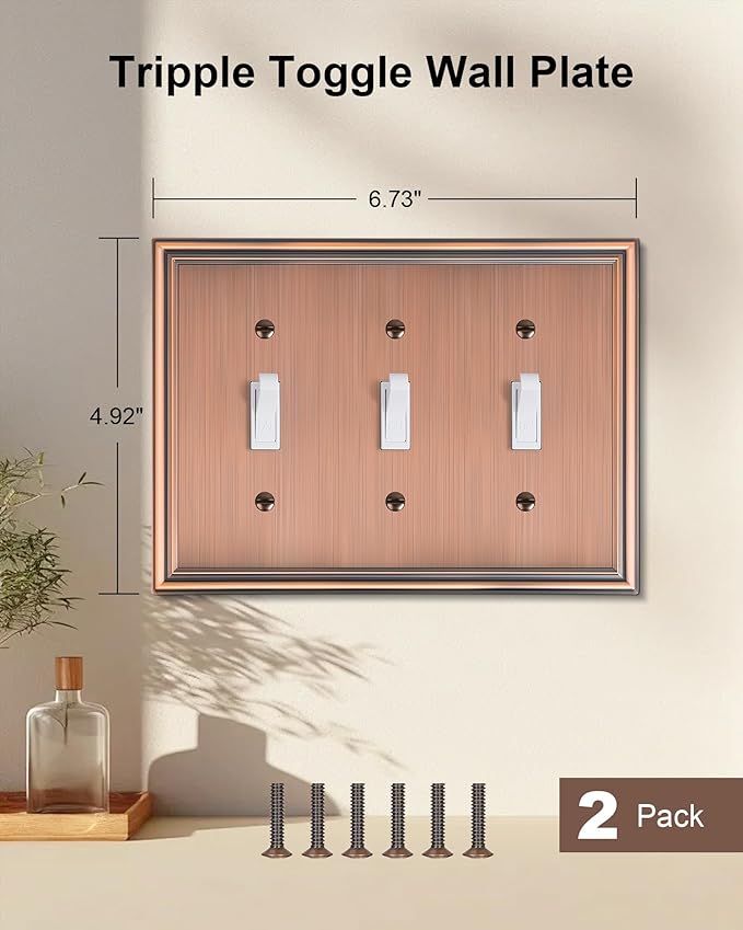 2-Pack Triple Toggle Light Switch Cover Plate, Durable Solid Zinc Alloy Decorative Switch Plate Covers, Antique Copper 3 Gang Wall Plate, Corrosion Resistant