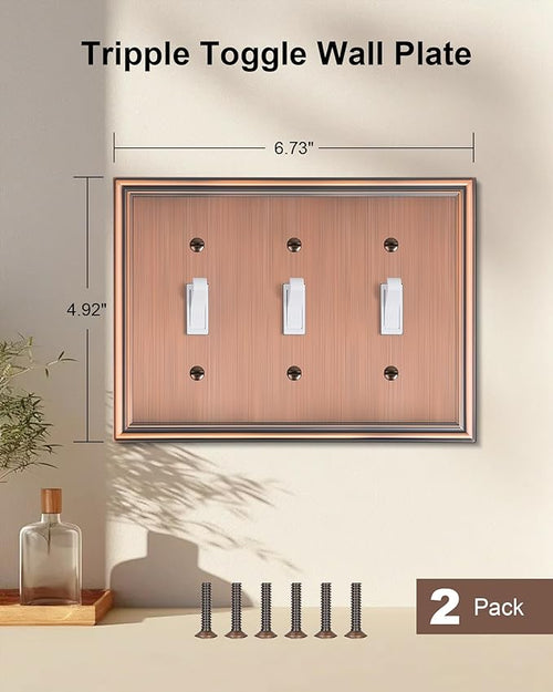 2-Pack Triple Toggle Light Switch Cover Plate, Durable Solid Zinc Alloy Decorative Switch Plate Covers, Antique Copper 3 Gang Wall Plate, Corrosion Resistant