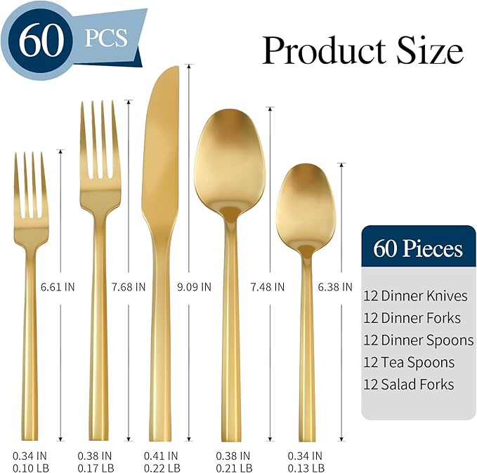 Silverware Set 60-Piece Stainless Steel Matte Gold Cutlery, Hand Forged Thick Hexagon Handle Flatware Sets, Service for 12