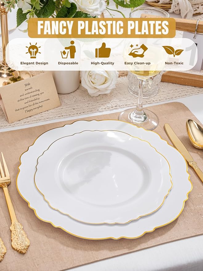 WDF 60pcs Gold Plastic Dinner Plates -10.25inch Baroque White and Gold Plates Fancy Plastic Plates for Upscale Bridal Shower & Wedding & Birthday