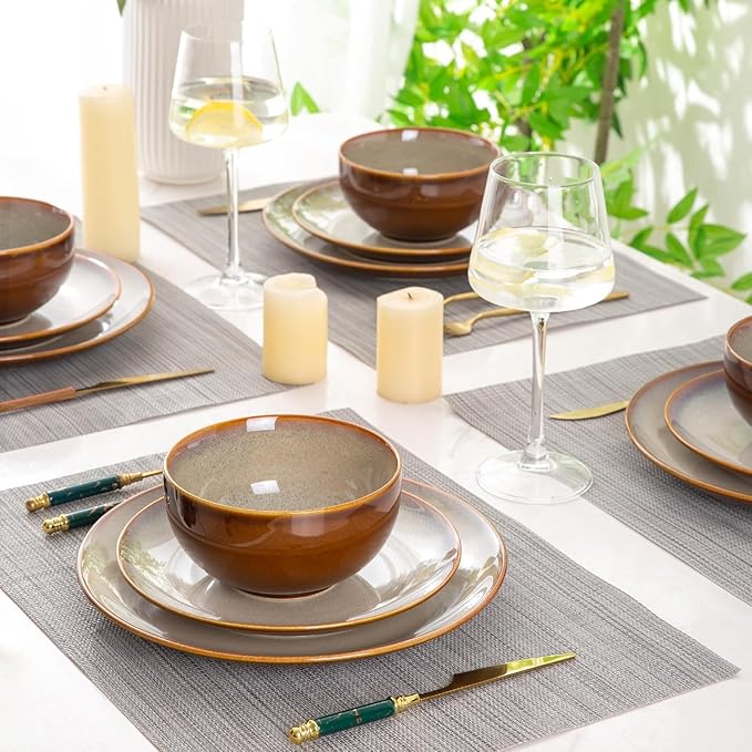 LeRatio Ceramic Dinnerware Sets for 6,18-Piece Plates and Bowls,Handmade Reactive Glaze Dishes Set,Chip Resistant and Scratch Resistant | Oven Dishwasher & Microwave Safe,Service for 6-Kahki