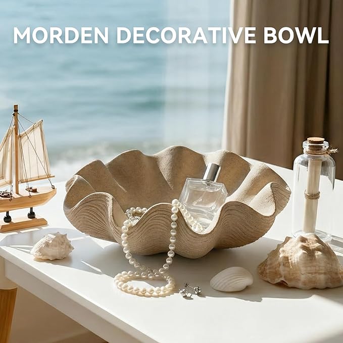 Scalloped Decorative Bowl Home Decor - 12.6" Modern Handicraft Large Shell Ruffle Decorative Fruit Bowl for Kitchen Counter, Chic Key Tray for Entryway Table, Artificial Stone Beige
