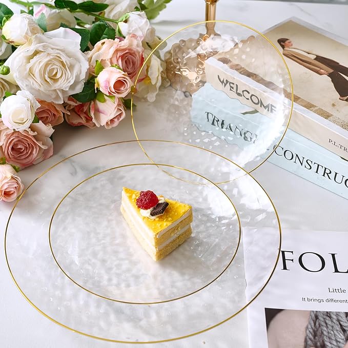 FOCUSLINE 60Pcs Clear Plastic Plates, Clear Disposable Plates with Gold Rim, 30 7" Salad Dessert Plate and 30 10" Dinner Plate Heavy-duty Hammered Plates for Party, Wedding