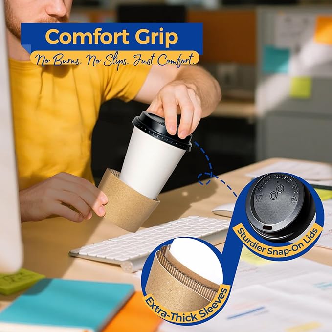 Fit Meal Prep 50 Pack 10 oz Disposable Coffee Cups with Lids, Sleeves, Leak-Proof To Go Coffee Cups with Lids, Durable Paper Cups for Hot Beverage, Home, Office, Party