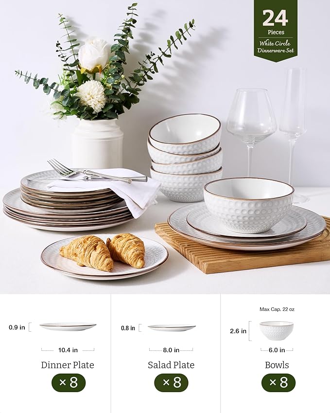 Famiware Eden Plates and Bowls Sets, Stoneware Dinnerware Sets with Gold Trim, 24 Pieces Dishes Set for 8 - Chip and Scratch Resistant, Microwave and Dishwasher Safe, White Circle