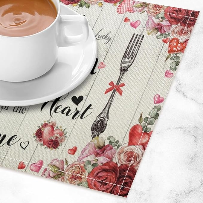 Retro Farmhouse Placemat Set, Romantic Pink Rose Floral Rural Plank Art Sketch Cutlery Knife Fork Inspirational Quotes Pattern Home Decor Linen Table Mats for Dining Room Kitchen Party (17x12in) x6P