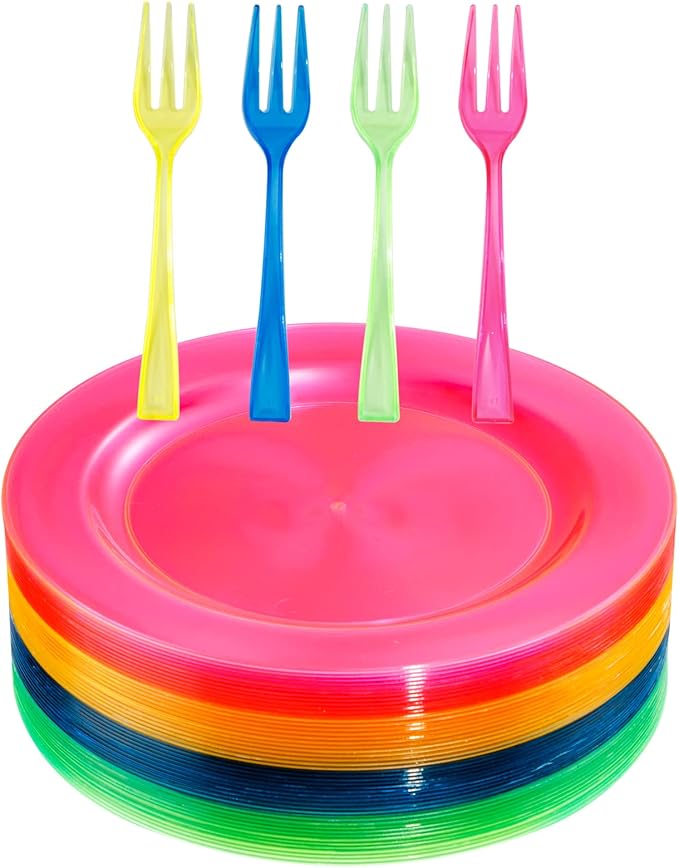 supernal 200pcs Appetizers Plates includ 100pcs Plastic Forks 100pcs Neon Party Plates Colorful Rainbow Disposable Party Plate and Dispsoable Forks Set for Party Catering Birthday