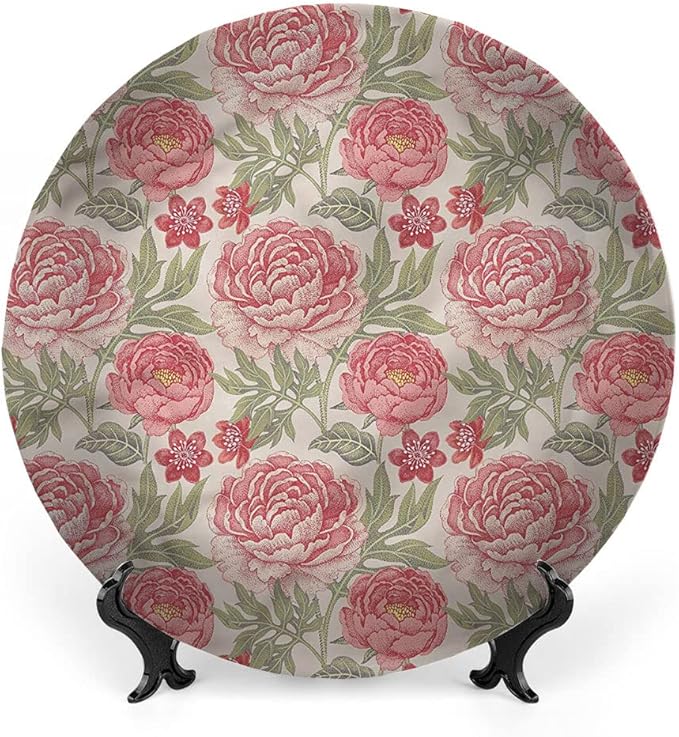 Decorative Plates, Victorian Print Ornament, Romantic Peonies Botany, 8 Inch, 1 Plate with 1 Display Stand, Multicolor