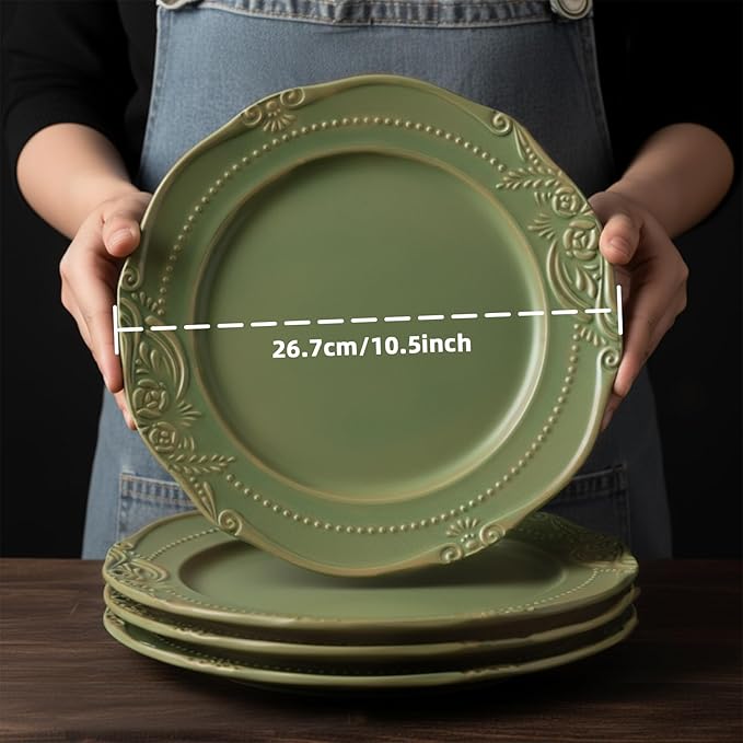 salad plates set of 4, 10.5 inch Reactive Glaze Stoneware Dinner Dish Set for Dessert, Salad, Appetizer, platos de ceramica Dishwasher & Oven Safe, Scratch Resistant-Olive-drab Green