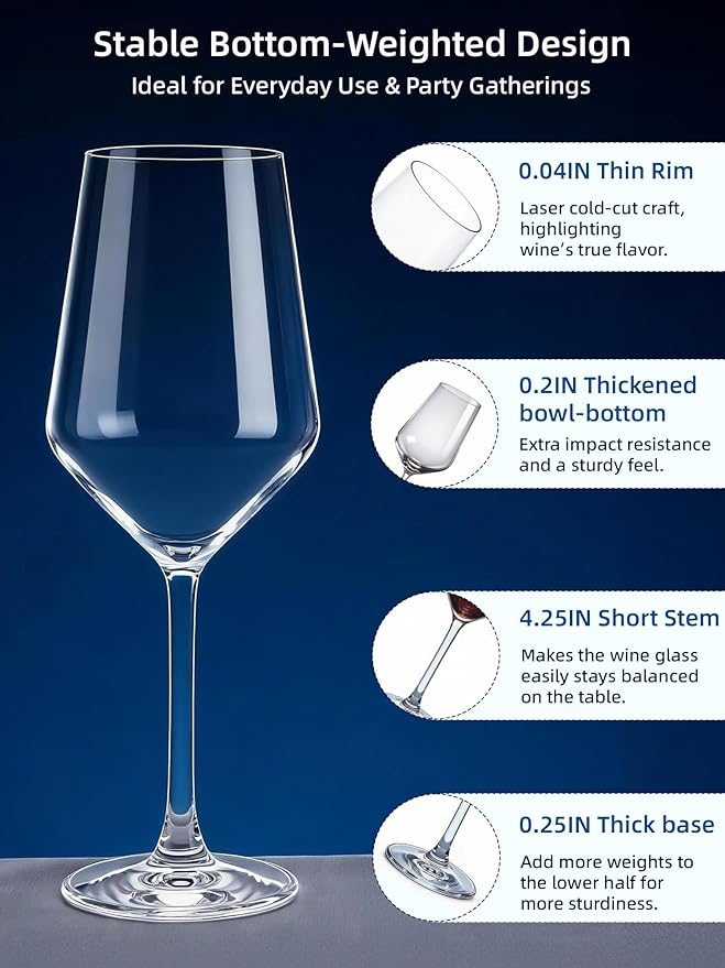 Wine Glasses Set of 4, Sturdy Crystal Wine Glasses for White wine, 14oz Modern Wine Glasses with Thin Rim, Short Stem, Gifts for birthday, housewarming, wedding, Valentine's Day