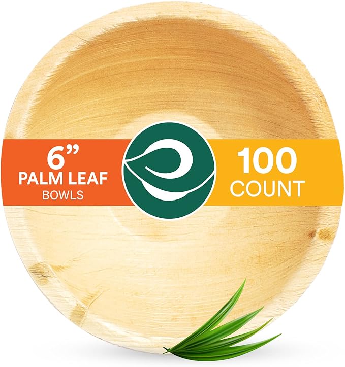 ECO SOUL 100% Compostable, Biodegradable, Disposable Palm Leaf Bowls,| pack of 100, Large 6 inch (16 Oz) | Round| Like Bamboo Bowls, Eco-friendly | Sturdy, Microwave & Oven Safe