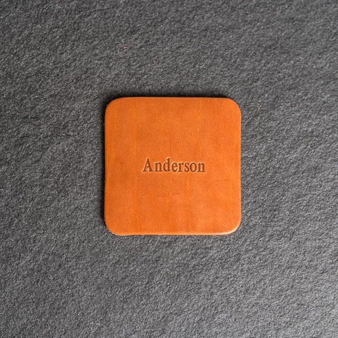 Ox & Pine Personalized Leather Coaster - Sold Individually or in Sets of 4 - Customize Inscription - 100% Full-Grain Leather – 4" Round or 4" Square (Square, Deep Ocean, 1 Individual Coaster)