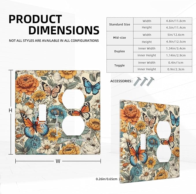 Light Switch Cover Plate Vintage Colorful Floral Butterfly Flowers 2 Gang Decorative Switch Plates 1 Toggle Duplex Combo Outlet Covers GFCI Wall Plates for Bathroom Bedroom Decor