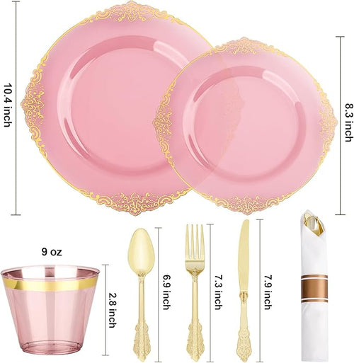 350 PCS Burgundy and Gold Plastic Plates, Disposable Dinnerware Set for 50 Guests, 100 Disposable Plates, 150 Silverwares, 50 Cups, 50 Napkins for Wedding, Party, Graduation
