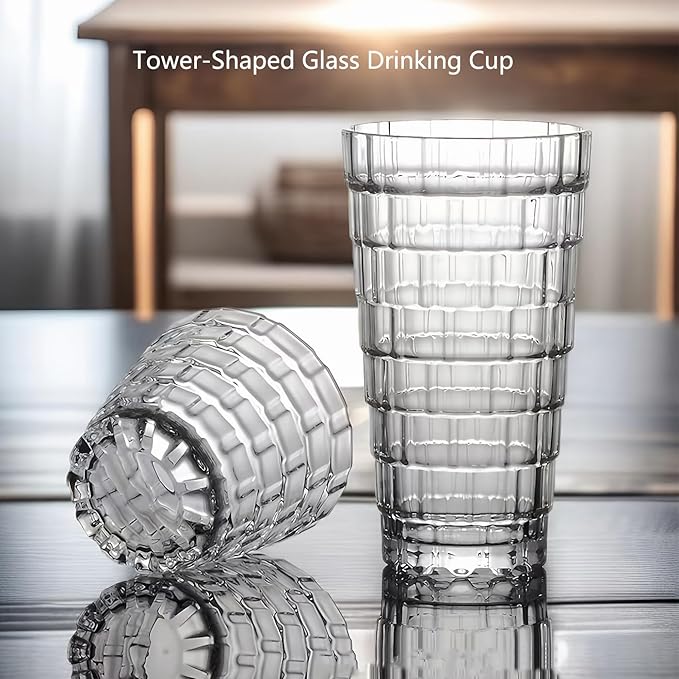 Vintage Drinking Glasses Set of 6, 8 oz Brick-Shaped Glass Cups, Mojito Glass Cups Stackable Water Tumbler, for Beer, Cocktail, Whiskey, Juice & Mixed Drinks.