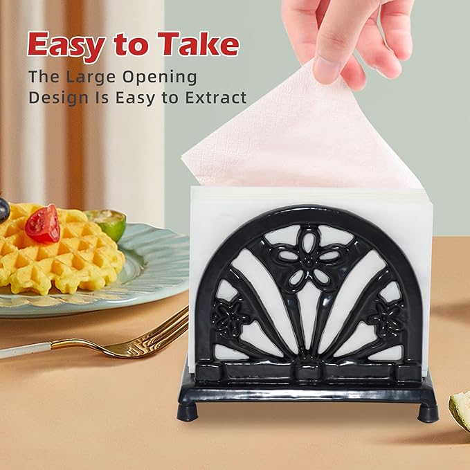 Napkin Holder for Table, Vintage Cast Iron Paper Napkins Tissue Dispenser with Daffodil Pattern for Kitchen Dining Room Countertop Decor, Black