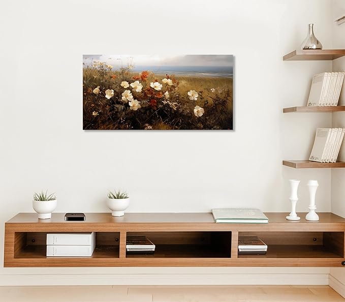 ADJUVANT Wall Art Vintage Coastal Wildflower Field 60"L x 30"W, Seaside Meadow With White And Orange Blooms Canvas Painting Nature Artwork Retro Floral Prints Botanic Wall Decor for Living Room Bedroom