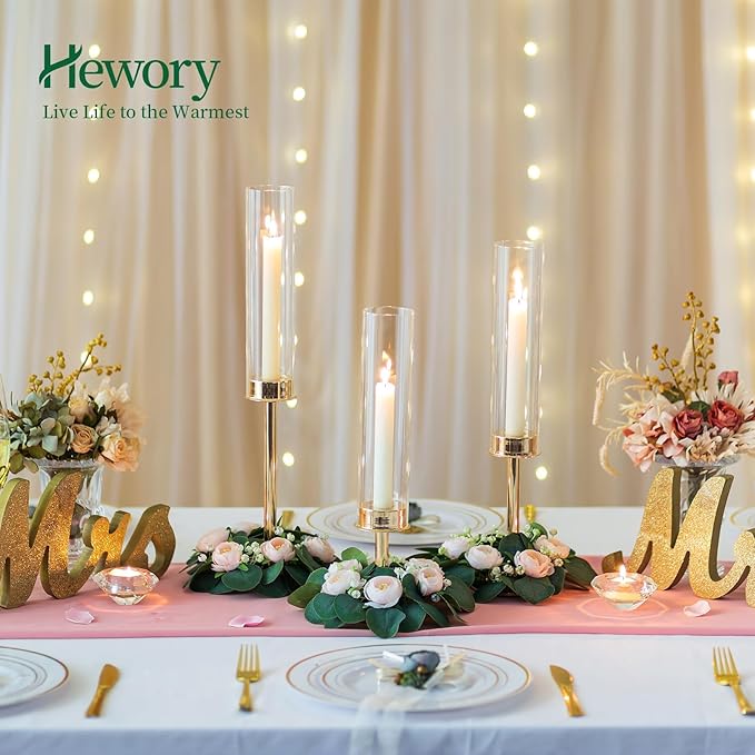 Hewory Gold Candle Holders, 3Pcs Hurricane Candlestick Holders with Glass Candle Cover for Wedding Table Centerpiece Christmas Decor